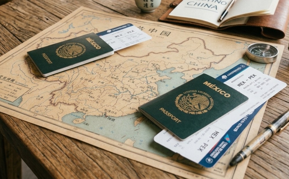 Pasaportes mexicanos y boletos de avión sobre un mapa de China, ideales para ilustrar los requisitos de la visa para China para mexicanos.